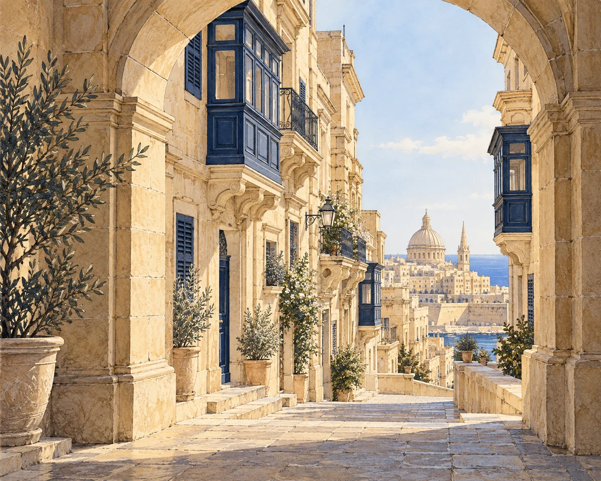 Illustration of a sunlit Valletta street framed by a limestone archway